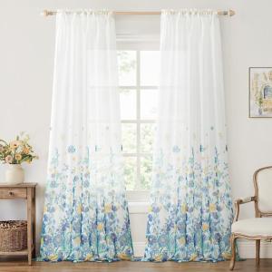 MIULEE Ivory Sheer Curtains 2 Panels Embroidered Leaf Patterned Rod Pocket Floral Semi Sheer Faux Linen Short Window Curtains Drapes Set for Kitchen Bathroom Cafe, 30×30 Inches Length(*Dusty Blue)
