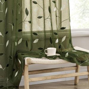MIULEE Ivory Sheer Curtains 2 Panels Embroidered Leaf Patterned Rod Pocket Floral Semi Sheer Faux Linen Short Window Curtains Drapes Set for Kitchen Bathroom Cafe, 30×30 Inches Length(Olive Green)