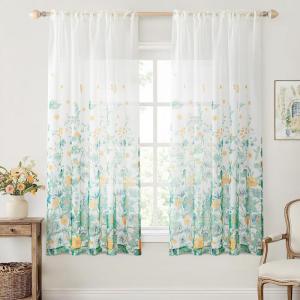 MIULEE Ivory Sheer Curtains 2 Panels Embroidered Leaf Patterned Rod Pocket Floral Semi Sheer Faux Linen Short Window Curtains Drapes Set for Kitchen Bathroom Cafe, 30×30 Inches Length(*Turquoise)