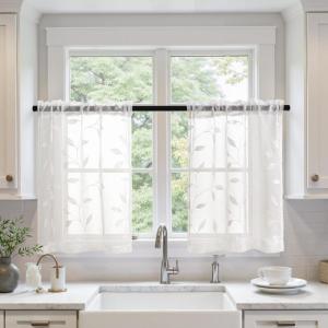 MIULEE Ivory Sheer Curtains 2 Panels Embroidered Leaf Patterned Rod Pocket Floral Semi Sheer Faux Linen Short Window Curtains Drapes Set for Kitchen Bathroom Cafe, 30×30 Inches Length(White)