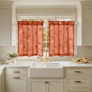 MIULEE Ivory Sheer Curtains 2 Panels Embroidered Leaf Patterned Rod Pocket Floral Semi Sheer Faux Linen Short Window Curtains Drapes Set for Kitchen Bathroom Cafe, 30×30 Inches Length(Burnt Orange)