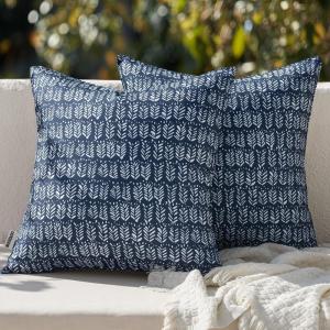 MIULEE Outdoor Set of 2 Patio Lumbar Pillows Spring 18”x 18” Fade Resistant Outdoor Lumbar Pillow with Inserts, Fluffy Decorative Garden Waterproof Cushions for Home Patio Couch Sofa Use, Dark Blue(White)