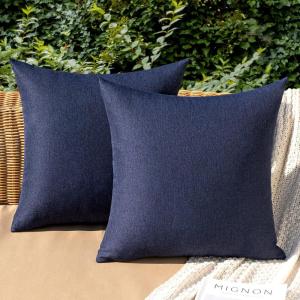 MIULEE Pack of 2 Decorative Outdoor Solid Waterproof Throw Pillow Covers Faux Linen Garden Farmhouse Cushion Cases for Summer Patio Tent Balcony Couch Sofa 16×16 Inch Navy(Navy)
