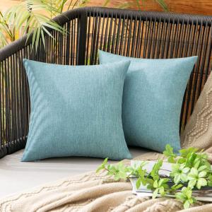 MIULEE Pack of 2 Decorative Outdoor Solid Waterproof Throw Pillow Covers Faux Linen Garden Farmhouse Cushion Cases for Summer Patio Tent Balcony Couch Sofa 16×16 Inch Navy(Turquoise)