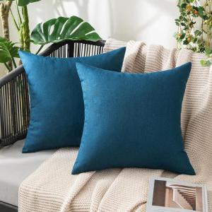 MIULEE Pack of 2 Decorative Outdoor Solid Waterproof Throw Pillow Covers Faux Linen Garden Farmhouse Cushion Cases for Summer Patio Tent Balcony Couch Sofa 16×16 Inch Navy(Blue)