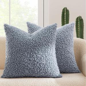 MIULEE Pack of 2 Throw Pillow Covers 18×18 Inch Neutral Khaki Faux Fur Decorative Sherpa Pillow Covers Fuzzy Accent Soft Sheepskin Fleece Cushion Cases for Boho Home Decor Couch Living Room Bed(Dusty Blue)