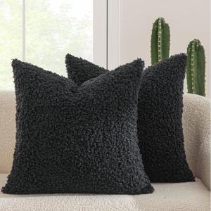 MIULEE Pack of 2 Throw Pillow Covers 18×18 Inch Neutral Khaki Faux Fur Decorative Sherpa Pillow Covers Fuzzy Accent Soft Sheepskin Fleece Cushion Cases for Boho Home Decor Couch Living Room Bed(Black)