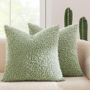 MIULEE Pack of 2 Throw Pillow Covers 18×18 Inch Neutral Khaki Faux Fur Decorative Sherpa Pillow Covers Fuzzy Accent Soft Sheepskin Fleece Cushion Cases for Boho Home Decor Couch Living Room Bed(Light Green)