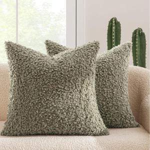 MIULEE Pack of 2 Throw Pillow Covers 18×18 Inch Neutral Khaki Faux Fur Decorative Sherpa Pillow Covers Fuzzy Accent Soft Sheepskin Fleece Cushion Cases for Boho Home Decor Couch Living Room Bed(Sage Green)