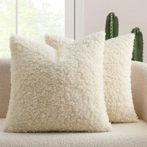 MIULEE Pack of 2 Throw Pillow Covers 18×18 Inch Neutral Khaki Faux Fur Decorative Sherpa Pillow Covers Fuzzy Accent Soft Sheepskin Fleece Cushion Cases for Boho Home Decor Couch Living Room Bed(Cream White)