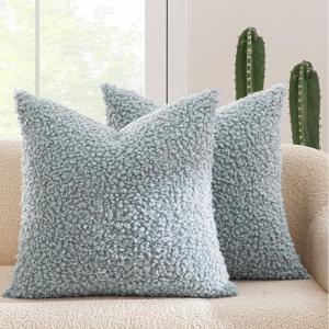 MIULEE Pack of 2 Throw Pillow Covers 18×18 Inch Neutral Khaki Faux Fur Decorative Sherpa Pillow Covers Fuzzy Accent Soft Sheepskin Fleece Cushion Cases for Boho Home Decor Couch Living Room Bed(Light Blue)