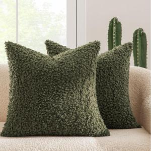 MIULEE Pack of 2 Throw Pillow Covers 18×18 Inch Neutral Khaki Faux Fur Decorative Sherpa Pillow Covers Fuzzy Accent Soft Sheepskin Fleece Cushion Cases for Boho Home Decor Couch Living Room Bed(Olive Green)