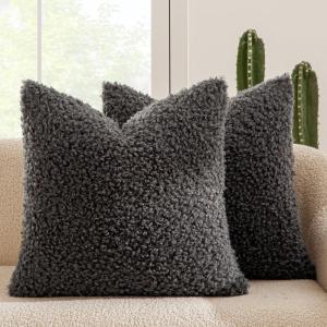 MIULEE Pack of 2 Throw Pillow Covers 18×18 Inch Neutral Khaki Faux Fur Decorative Sherpa Pillow Covers Fuzzy Accent Soft Sheepskin Fleece Cushion Cases for Boho Home Decor Couch Living Room Bed(Dark Gray)
