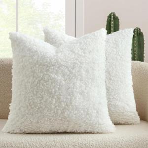MIULEE Pack of 2 Throw Pillow Covers 18×18 Inch Neutral Khaki Faux Fur Decorative Sherpa Pillow Covers Fuzzy Accent Soft Sheepskin Fleece Cushion Cases for Boho Home Decor Couch Living Room Bed(Pure White)