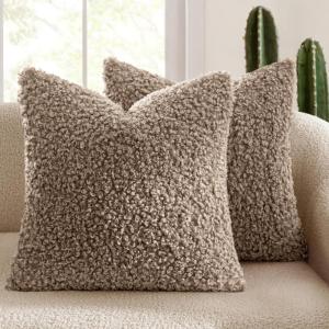MIULEE Pack of 2 Throw Pillow Covers 18×18 Inch Neutral Khaki Faux Fur Decorative Sherpa Pillow Covers Fuzzy Accent Soft Sheepskin Fleece Cushion Cases for Boho Home Decor Couch Living Room Bed(Khaki)