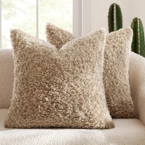 MIULEE Pack of 2 Throw Pillow Covers 18×18 Inch Neutral Khaki Faux Fur Decorative Sherpa Pillow Covers Fuzzy Accent Soft Sheepskin Fleece Cushion Cases for Boho Home Decor Couch Living Room Bed(Neutral Oatmeal)