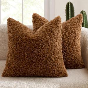 MIULEE Pack of 2 Throw Pillow Covers 18×18 Inch Neutral Khaki Faux Fur Decorative Sherpa Pillow Covers Fuzzy Accent Soft Sheepskin Fleece Cushion Cases for Boho Home Decor Couch Living Room Bed(Bronze)