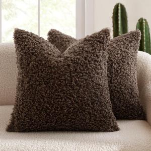 MIULEE Pack of 2 Throw Pillow Covers 18×18 Inch Neutral Khaki Faux Fur Decorative Sherpa Pillow Covers Fuzzy Accent Soft Sheepskin Fleece Cushion Cases for Boho Home Decor Couch Living Room Bed(Chocolate)