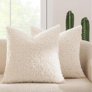 MIULEE Pack of 2 Throw Pillow Covers 18×18 Inch Neutral Khaki Faux Fur Decorative Sherpa Pillow Covers Fuzzy Accent Soft Sheepskin Fleece Cushion Cases for Boho Home Decor Couch Living Room Bed(Neutral White)