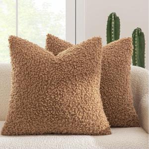 MIULEE Pack of 2 Throw Pillow Covers 18×18 Inch Neutral Khaki Faux Fur Decorative Sherpa Pillow Covers Fuzzy Accent Soft Sheepskin Fleece Cushion Cases for Boho Home Decor Couch Living Room Bed(Brown)