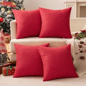 MIULEE Pack of 4 Decorative Outdoor Throw Pillow Covers Linen Waterproof Pillow Covers Farmhouse Cushion Cases for Patio Garden Tent Balcony Couch Sofa 18×18 inch Beige(Red)