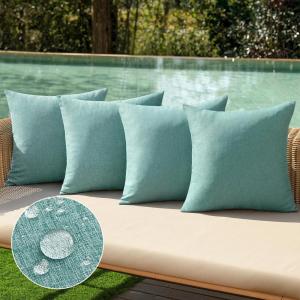 MIULEE Pack of 4 Decorative Outdoor Throw Pillow Covers Linen Waterproof Pillow Covers Farmhouse Cushion Cases for Patio Garden Tent Balcony Couch Sofa 18×18 inch Beige(Teal)