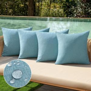 MIULEE Pack of 4 Decorative Outdoor Throw Pillow Covers Linen Waterproof Pillow Covers Farmhouse Cushion Cases for Patio Garden Tent Balcony Couch Sofa 18×18 inch Beige(Blue Gray)