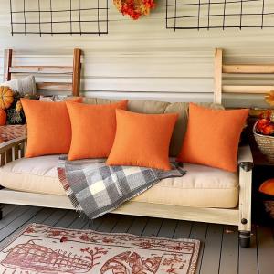 MIULEE Pack of 4 Decorative Outdoor Throw Pillow Covers Linen Waterproof Pillow Covers Farmhouse Cushion Cases for Patio Garden Tent Balcony Couch Sofa 18×18 inch Beige(Bright Orange)