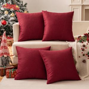 MIULEE Pack of 4 Decorative Outdoor Throw Pillow Covers Linen Waterproof Pillow Covers Farmhouse Cushion Cases for Patio Garden Tent Balcony Couch Sofa 18×18 inch Beige(Burgundy)
