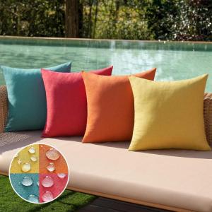 MIULEE Pack of 4 Decorative Outdoor Throw Pillow Covers Linen Waterproof Pillow Covers Farmhouse Cushion Cases for Patio Garden Tent Balcony Couch Sofa 18×18 inch Beige(Red/Turquoise)