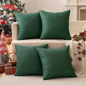MIULEE Pack of 4 Decorative Outdoor Throw Pillow Covers Linen Waterproof Pillow Covers Farmhouse Cushion Cases for Patio Garden Tent Balcony Couch Sofa 18×18 inch Beige(Dark Green)