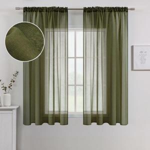 MIULEE Terracotta Linen Textured Sheer Curtains 2 Panels for Bedroom/Living Room Semi Transparent Voile Rust Boho Farmhouse Fall Decor Window Drapes Rod Pocket, W 54 x L 90 Inches Long(Olive Green)