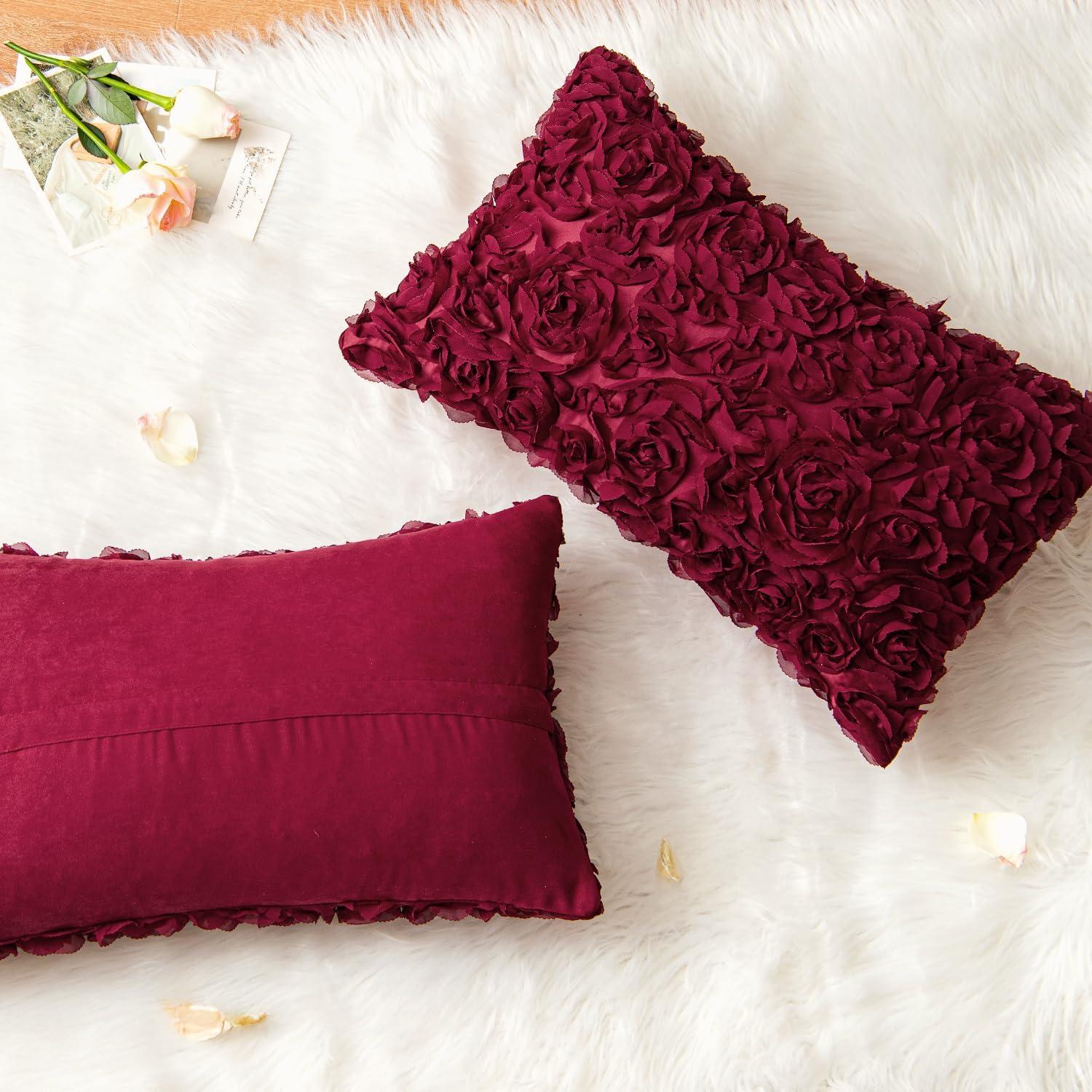 imageMIULEE 3D Rose Flower Pillow Cover Decorative Valentines Romantic Stereo Chiffon Spring Aesthetic Solid Pillowcase for Girl Women Girlfriend Couch Bedroom Decor 12x20 Inch Peach PinkWine Red