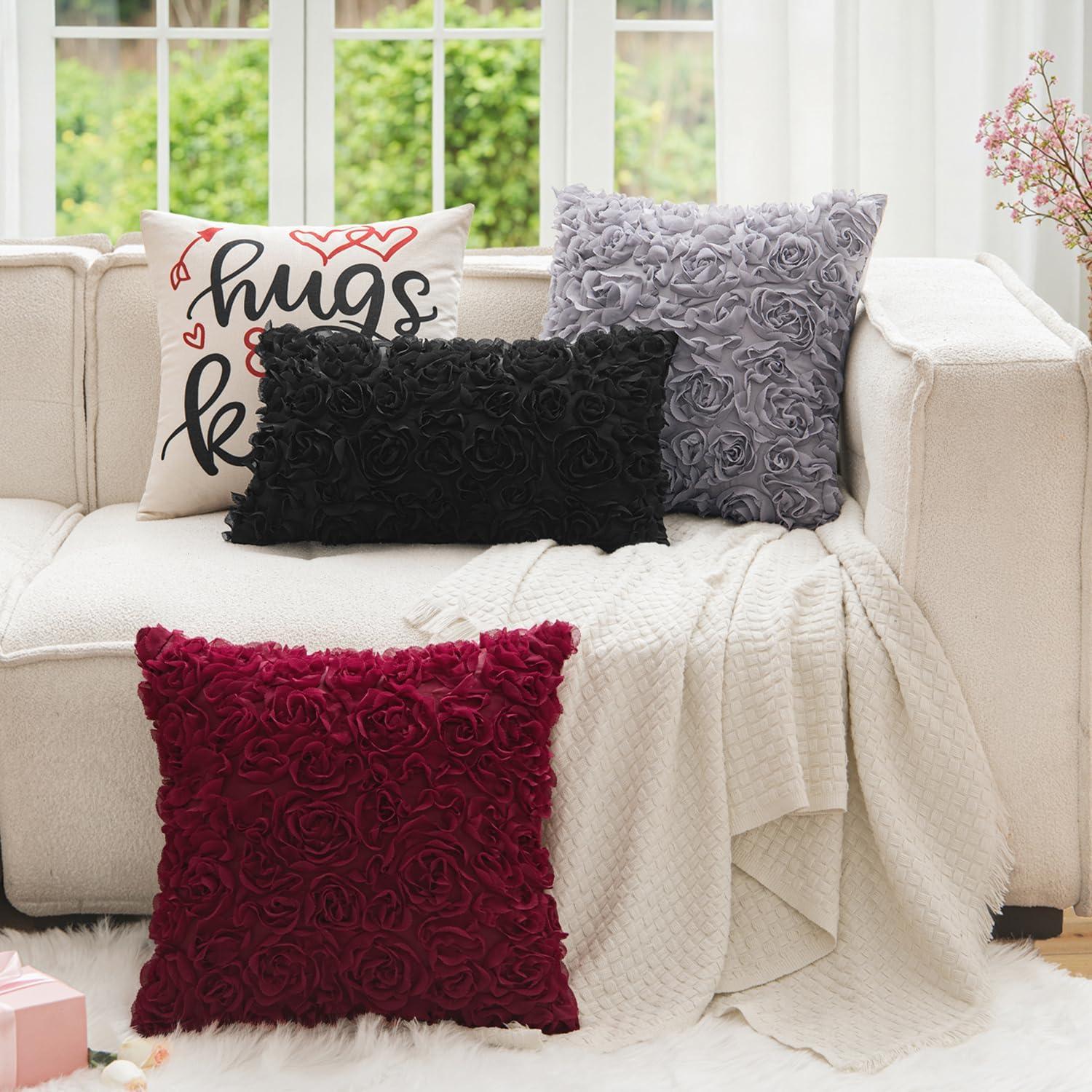 imageMIULEE 3D Rose Flower Pillow Cover Decorative Valentines Romantic Stereo Chiffon Spring Aesthetic Solid Pillowcase for Girl Women Girlfriend Couch Bedroom Decor 12x20 Inch Peach PinkBlack