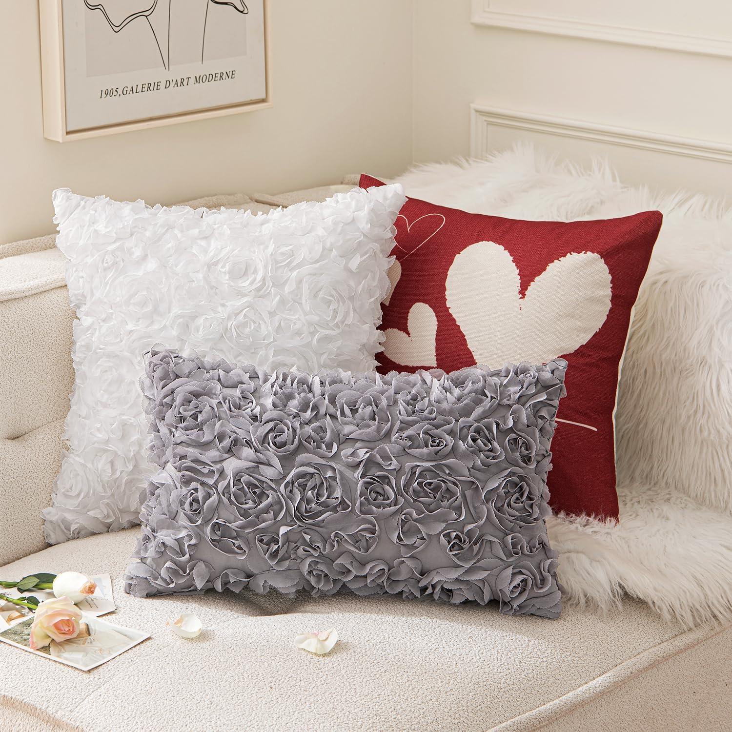 imageMIULEE 3D Rose Flower Pillow Cover Decorative Valentines Romantic Stereo Chiffon Spring Aesthetic Solid Pillowcase for Girl Women Girlfriend Couch Bedroom Decor 12x20 Inch Peach PinkGrey