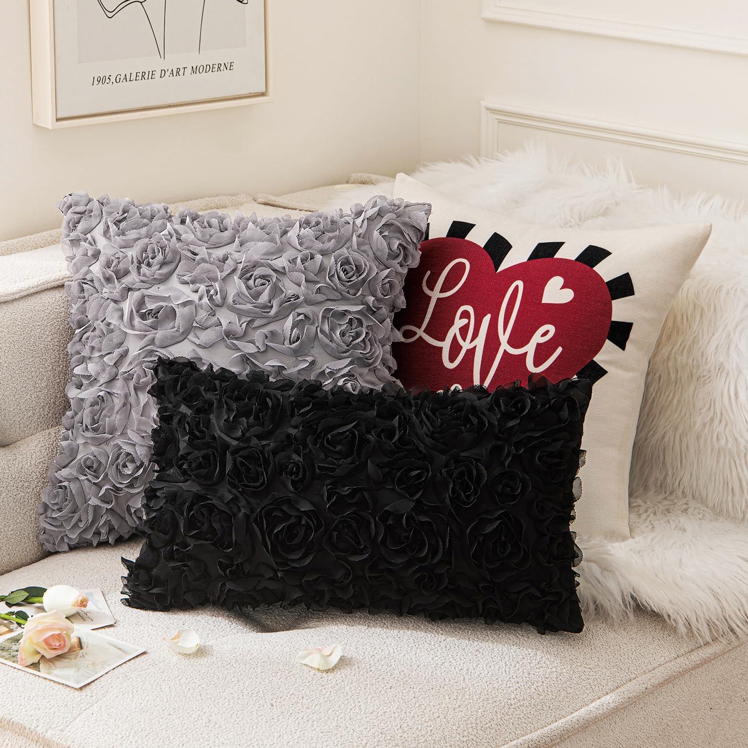 imageMIULEE 3D Rose Flower Pillow Cover Decorative Valentines Romantic Stereo Chiffon Spring Aesthetic Solid Pillowcase for Girl Women Girlfriend Couch Bedroom Decor 12x20 Inch Peach PinkBlack