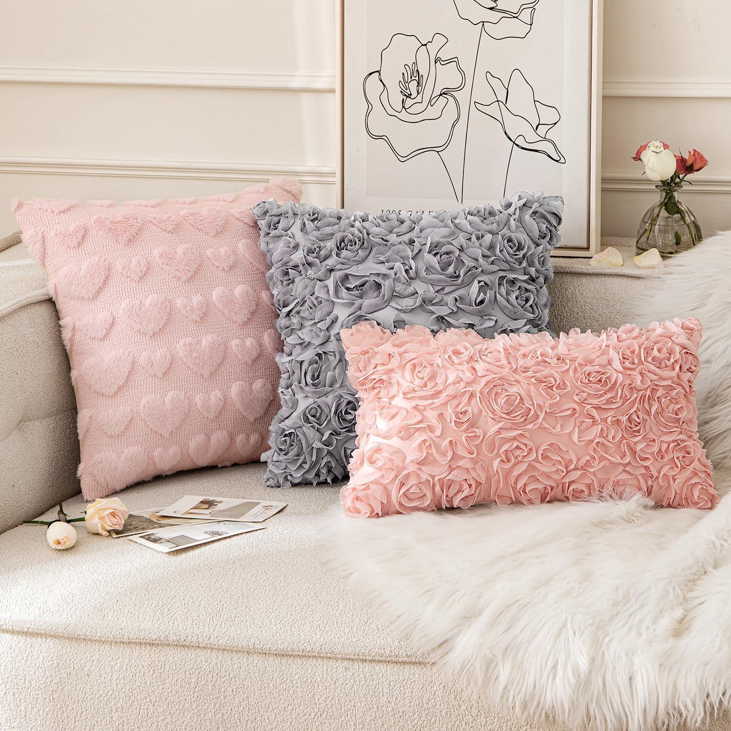 imageMIULEE 3D Rose Flower Pillow Cover Decorative Valentines Romantic Stereo Chiffon Spring Aesthetic Solid Pillowcase for Girl Women Girlfriend Couch Bedroom Decor 12x20 Inch Peach PinkPeach Pink