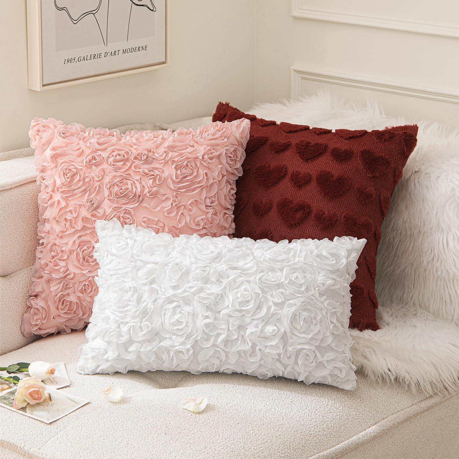 imageMIULEE 3D Rose Flower Pillow Cover Decorative Valentines Romantic Stereo Chiffon Spring Aesthetic Solid Pillowcase for Girl Women Girlfriend Couch Bedroom Decor 12x20 Inch Peach PinkWhite