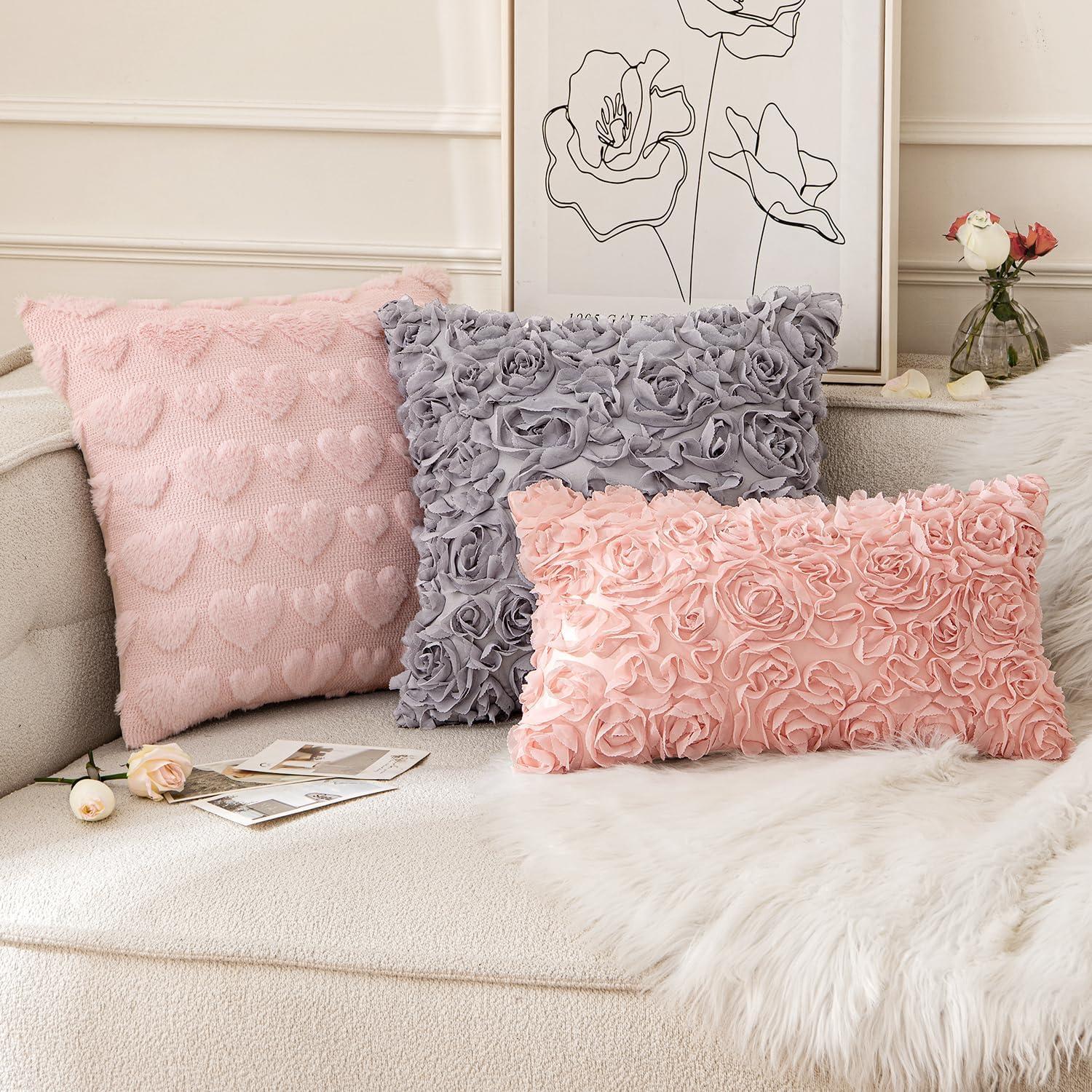 imageMIULEE 3D Rose Flower Pillow Cover Decorative Valentines Romantic Stereo Chiffon Spring Aesthetic Solid Pillowcase for Girl Women Girlfriend Couch Bedroom Decor 12x20 Inch Peach PinkPeach Pink