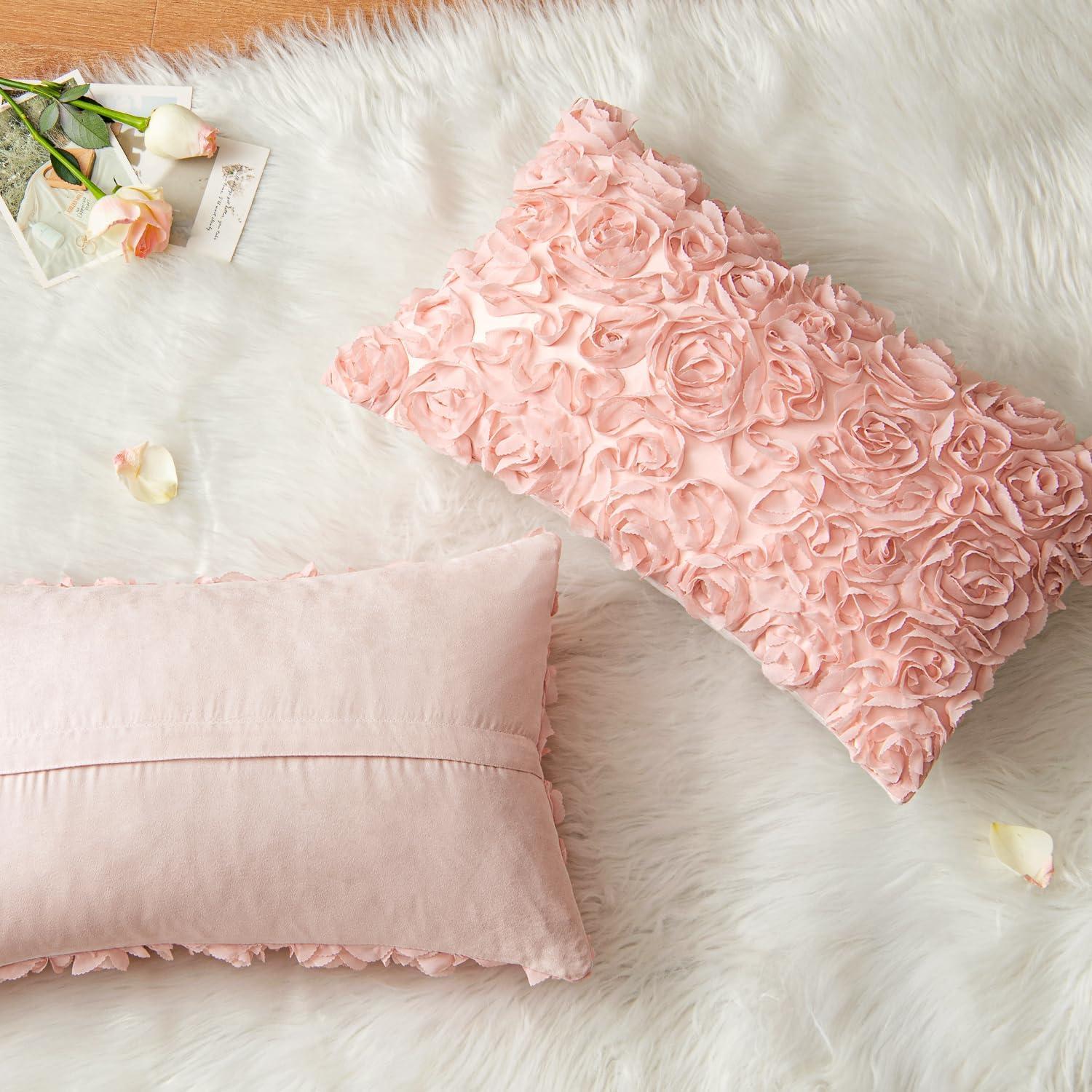 imageMIULEE 3D Rose Flower Pillow Cover Decorative Valentines Romantic Stereo Chiffon Spring Aesthetic Solid Pillowcase for Girl Women Girlfriend Couch Bedroom Decor 12x20 Inch Peach PinkPeach Pink