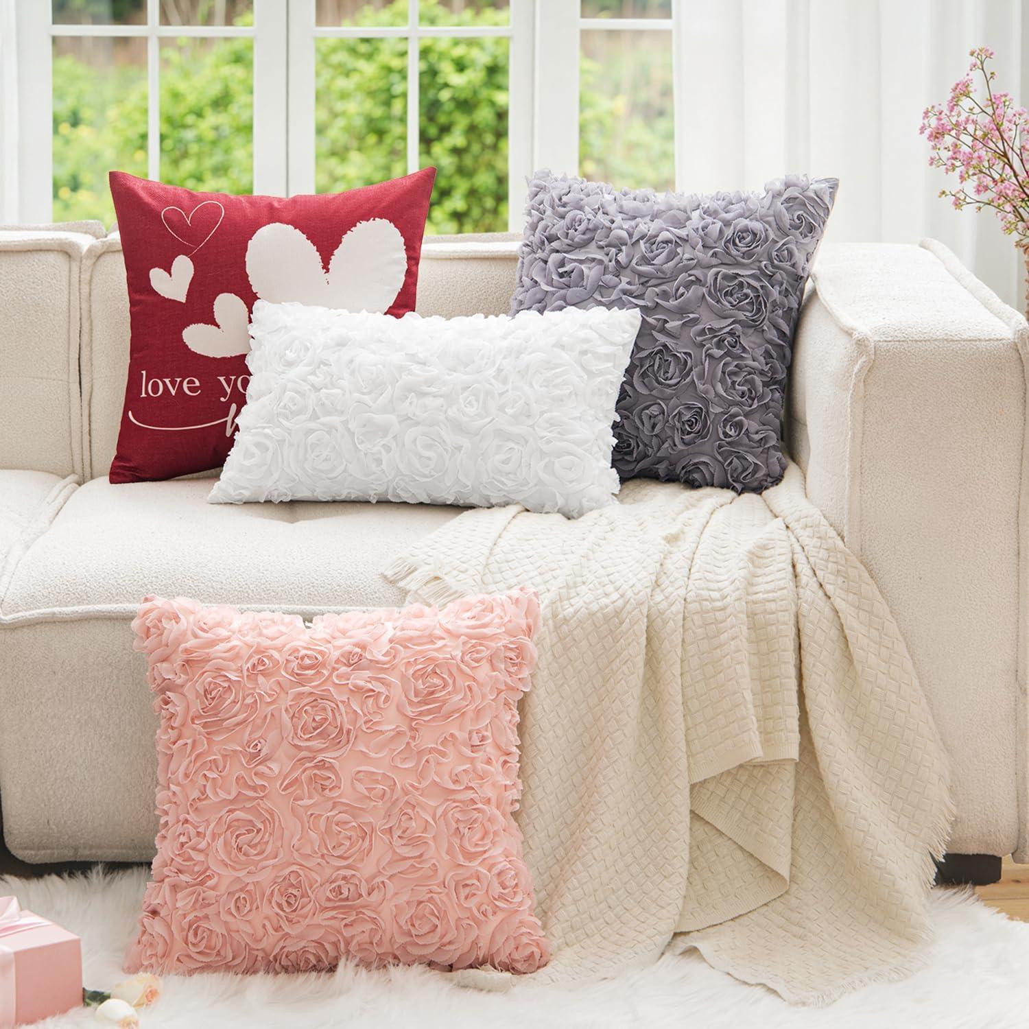 imageMIULEE 3D Rose Flower Pillow Cover Decorative Valentines Romantic Stereo Chiffon Spring Aesthetic Solid Pillowcase for Girl Women Girlfriend Couch Bedroom Decor 12x20 Inch Peach PinkWhite