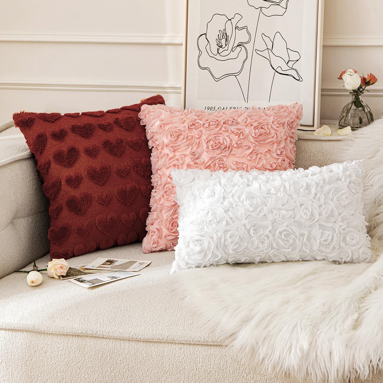imageMIULEE 3D Rose Flower Pillow Cover Decorative Valentines Romantic Stereo Chiffon Spring Aesthetic Solid Pillowcase for Girl Women Girlfriend Couch Bedroom Decor 12x20 Inch Peach PinkWhite