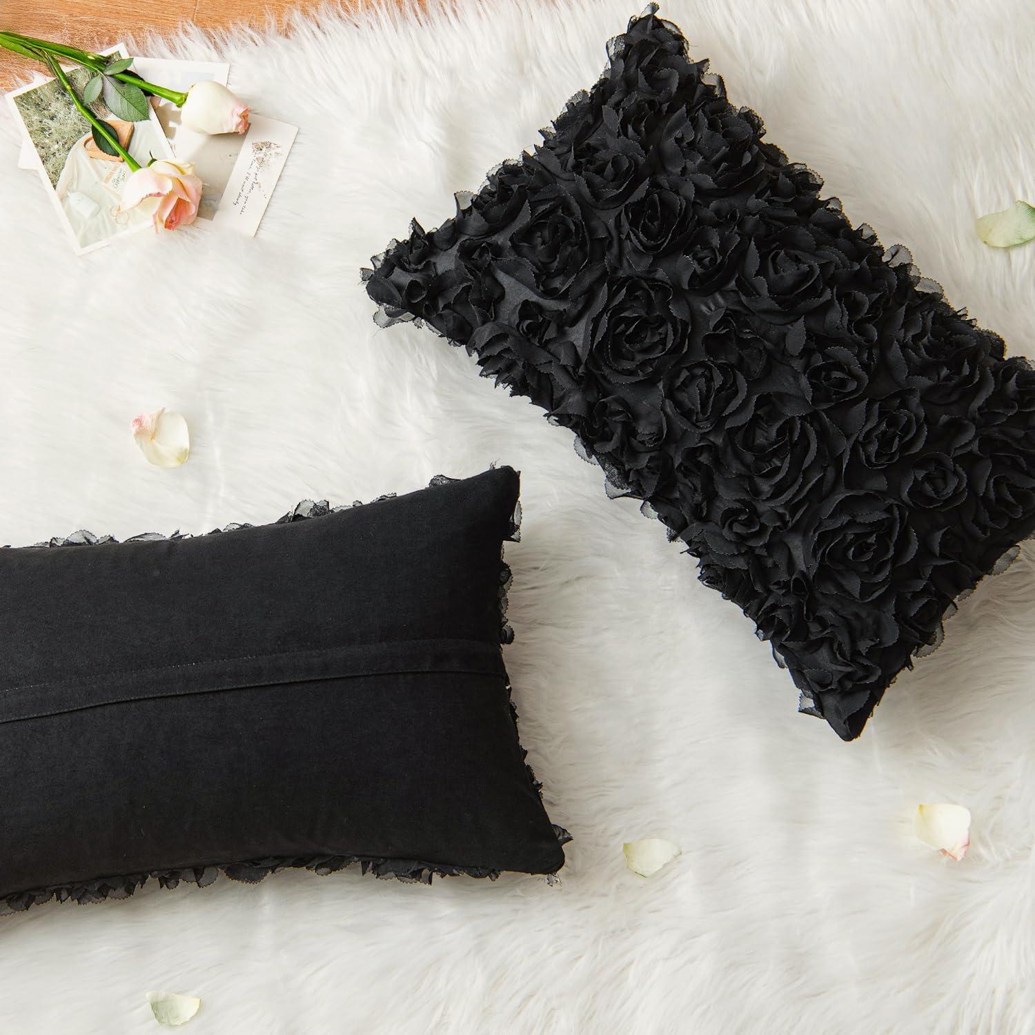 imageMIULEE 3D Rose Flower Pillow Cover Decorative Valentines Romantic Stereo Chiffon Spring Aesthetic Solid Pillowcase for Girl Women Girlfriend Couch Bedroom Decor 12x20 Inch Peach PinkBlack
