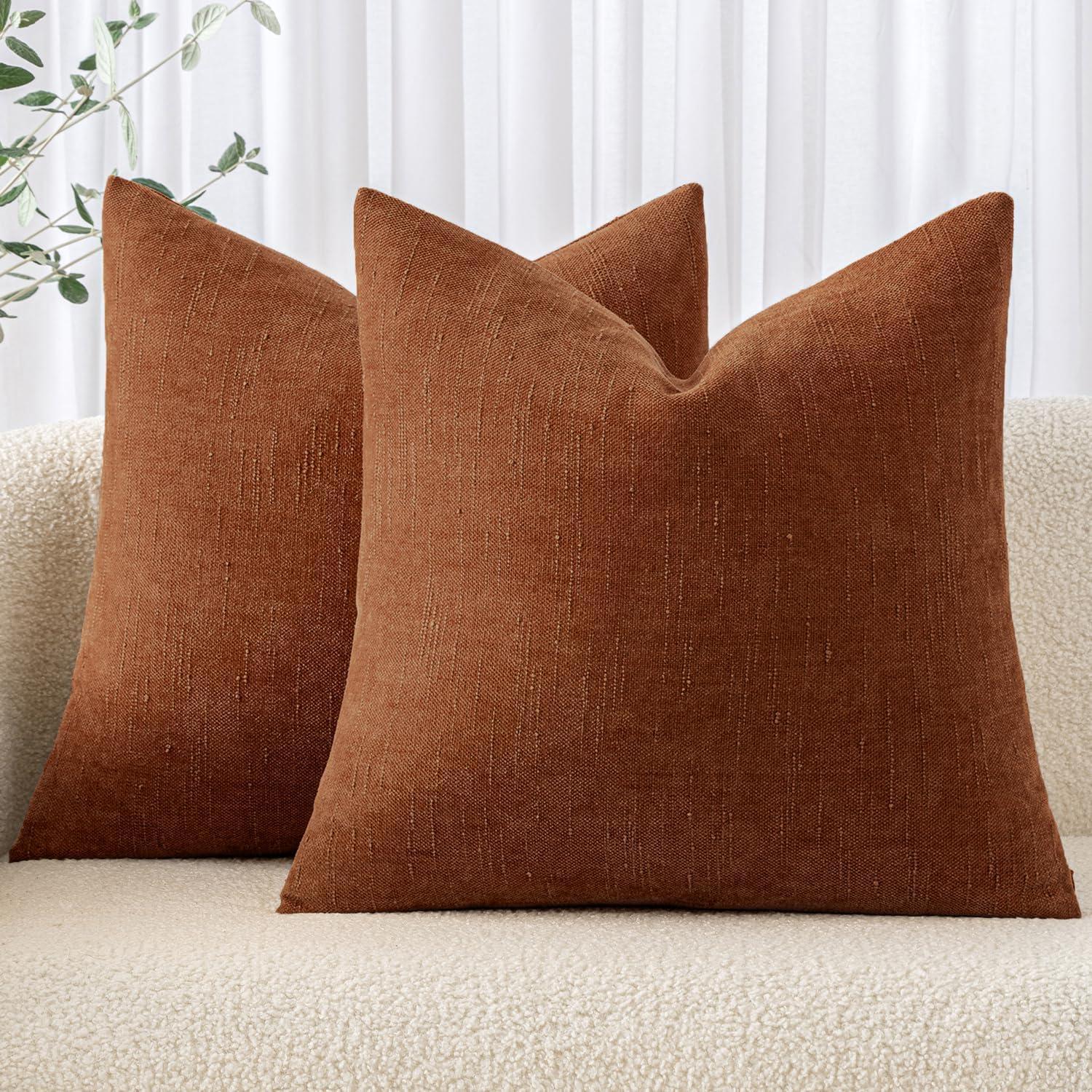 imageMIULEE Pack of 2 Decorative Throw Pillow Covers Soft Chenille Throw Pillows Solid Textured Cushion Covers for Couch Sofa Bedroom Living Room 18x18 Inch BeigeDark Rust