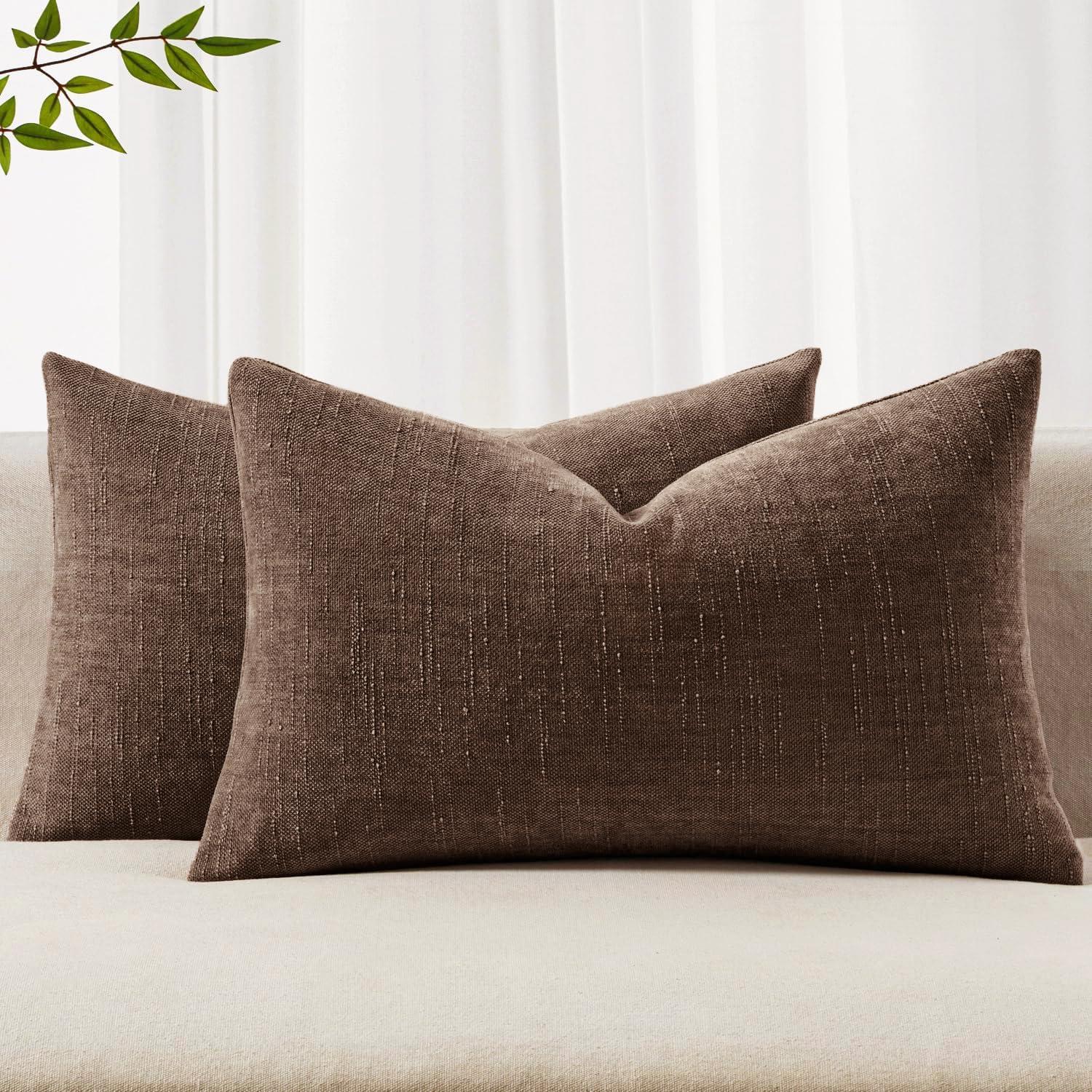 imageMIULEE Pack of 2 Decorative Throw Pillow Covers Soft Chenille Throw Pillows Solid Textured Cushion Covers for Couch Sofa Bedroom Living Room 18x18 Inch BeigeChocolate