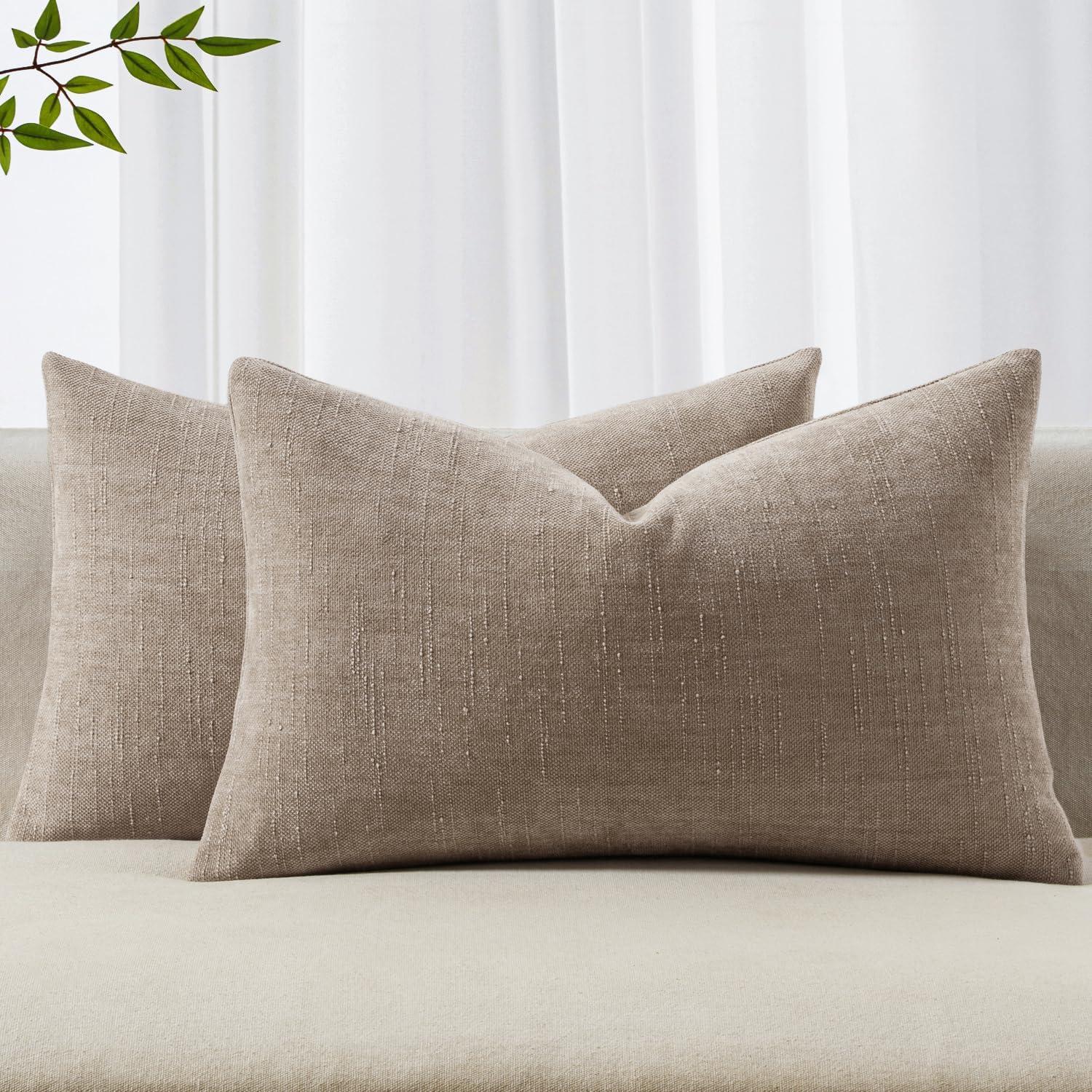 imageMIULEE Pack of 2 Decorative Throw Pillow Covers Soft Chenille Throw Pillows Solid Textured Cushion Covers for Couch Sofa Bedroom Living Room 18x18 Inch BeigeLight Taupe