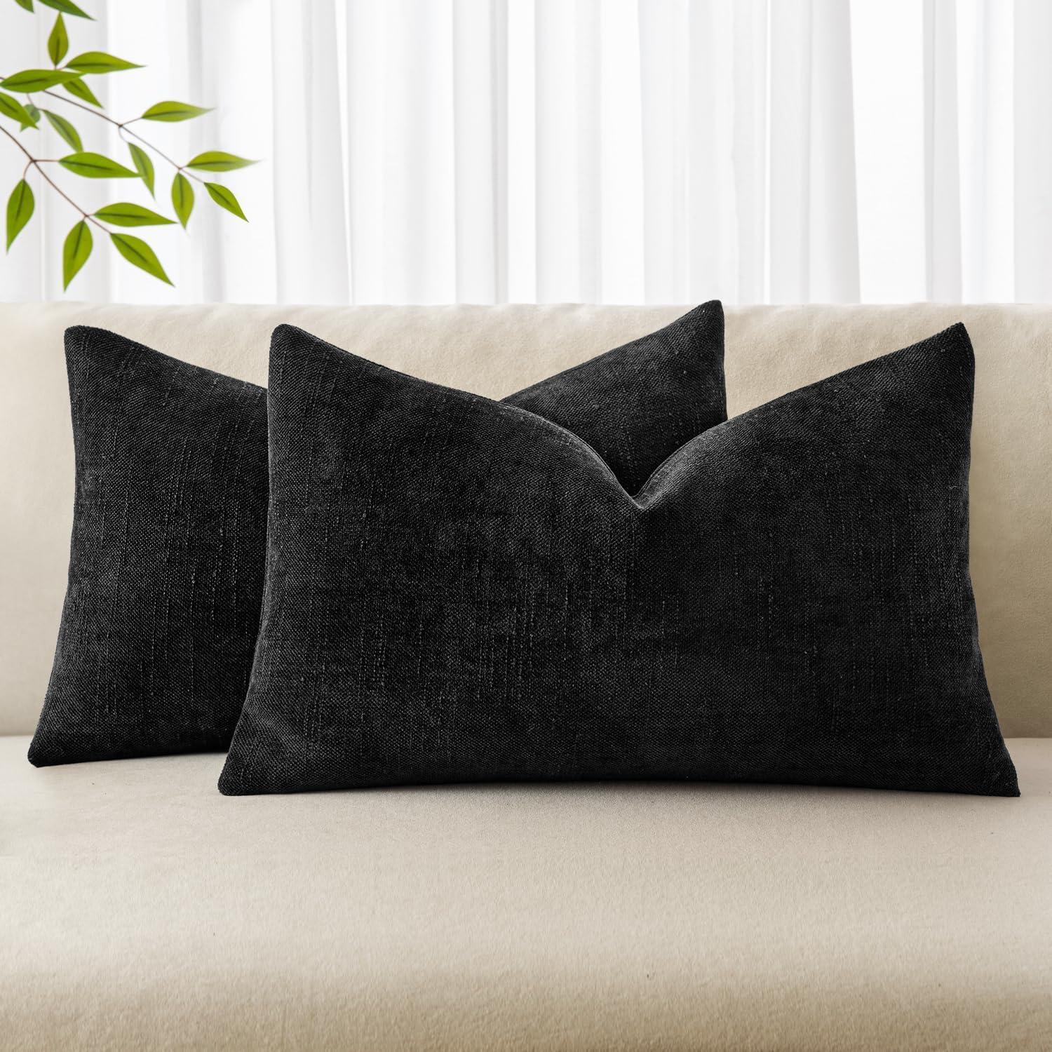 imageMIULEE Pack of 2 Decorative Throw Pillow Covers Soft Chenille Throw Pillows Solid Textured Cushion Covers for Couch Sofa Bedroom Living Room 18x18 Inch BeigeBlack