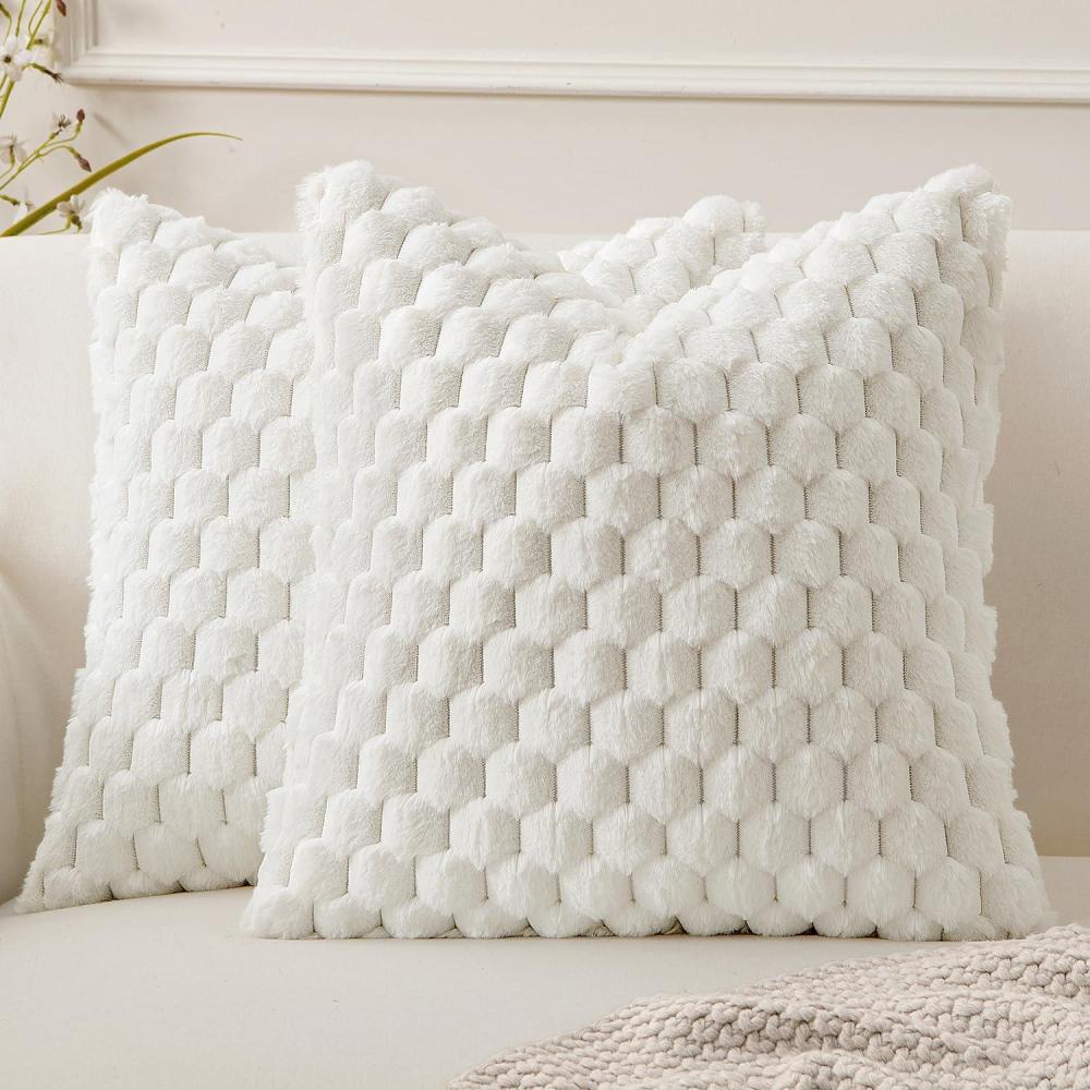 imageMIULEE Hot Pink Faux Fur Decorative Throw Pillow Covers 20x20 Inch Set of 2 Super Soft Cozy Plush Cushion Cases Luxury Fluffy Pillowcases for Sofa Couch Bed Living RoomWhite