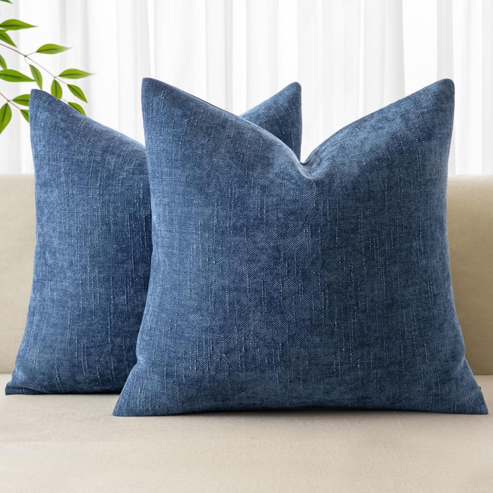 imageMIULEE Pack of 2 Decorative Throw Pillow Covers Soft Chenille Throw Pillows Solid Textured Cushion Covers for Couch Sofa Bedroom Living Room 18x18 Inch BeigeNavy Blue