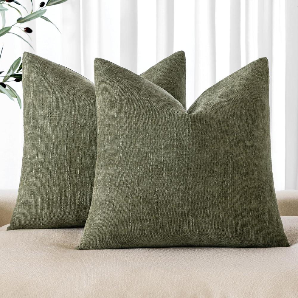 imageMIULEE Pack of 2 Decorative Throw Pillow Covers Soft Chenille Throw Pillows Solid Textured Cushion Covers for Couch Sofa Bedroom Living Room 18x18 Inch BeigeOlive Green